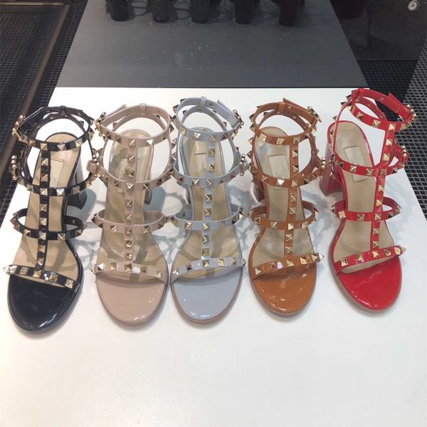 

2020 luxury designer fashion stud sandals genuine leather slingback pumps ladies high heels fashion rivets shoe party high heel 6.5/9.5, Black