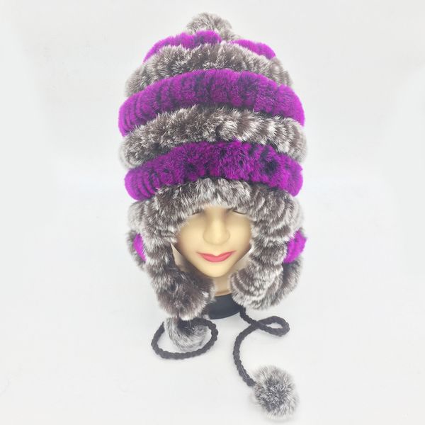 

россия зима натуральный мех skullies hat женщины трикотажные подлинная рекс кролика шапка наушники леди теплые мягкие рекс кролика шапки шап, Blue;gray