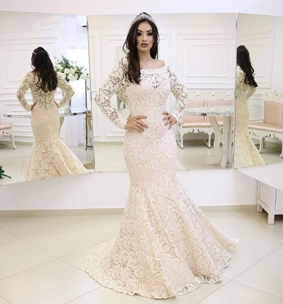 2020 Blush Ivory Lace Mermaid Wedding Dresses Poet Long Sleeves