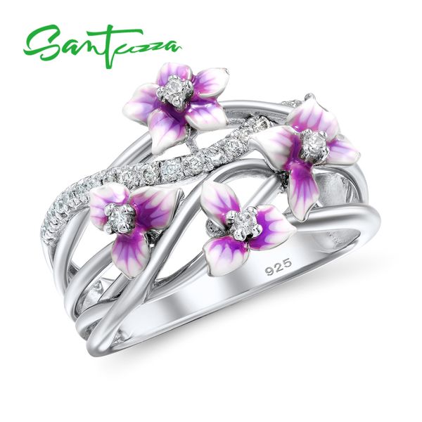 

santuzza silver rings for women 925 sterling silver delicate pink flower shiny cubic zirconia ring party fashion jewelry enamel, Golden;silver