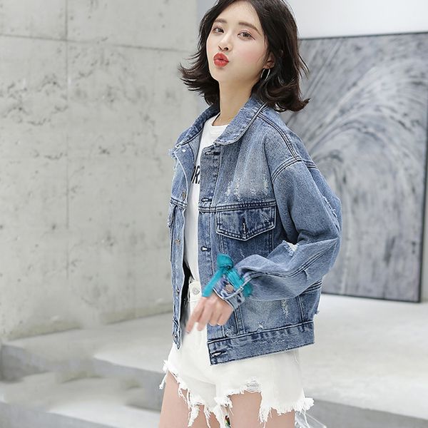 

2019 new embroidered autumn denim jacket female loose retro wild short, Black;brown