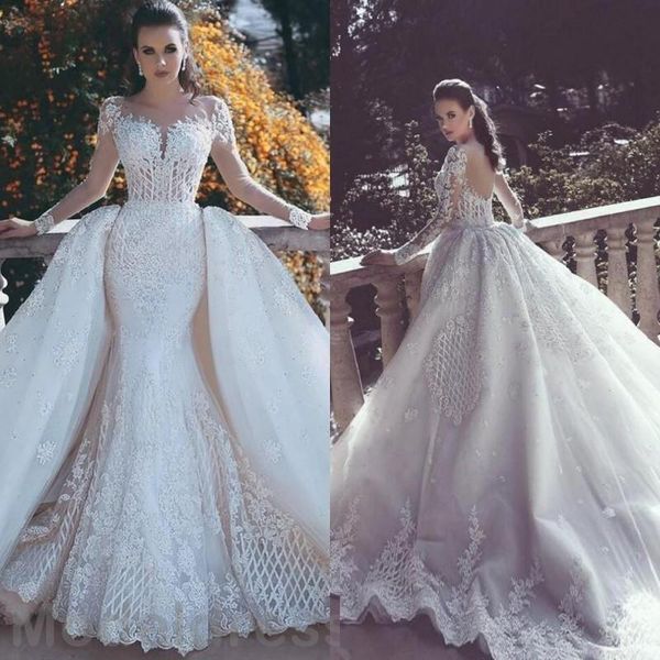 

african luxury lace mermaid wedding dresses illusion neck long sleeve detachable train appliques beaded plus size bridal gowns arabric, White