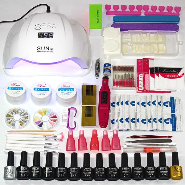 

48w/54w/36w uv led lamp manicure set choose 12 colors gel polish base coat nail kits electric manicure handle nail art tool