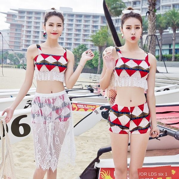 

women's bikini three-piece bikini swim suit boxer gathering chest skirt spring swimsuit 031873, White;black