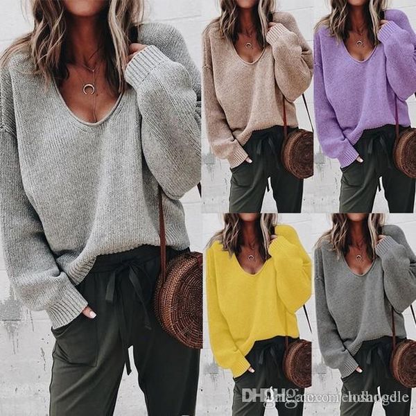 

women v-neck loose knitted sweatshirts long sleeve solid color sweater women's sweater warm top, White;black