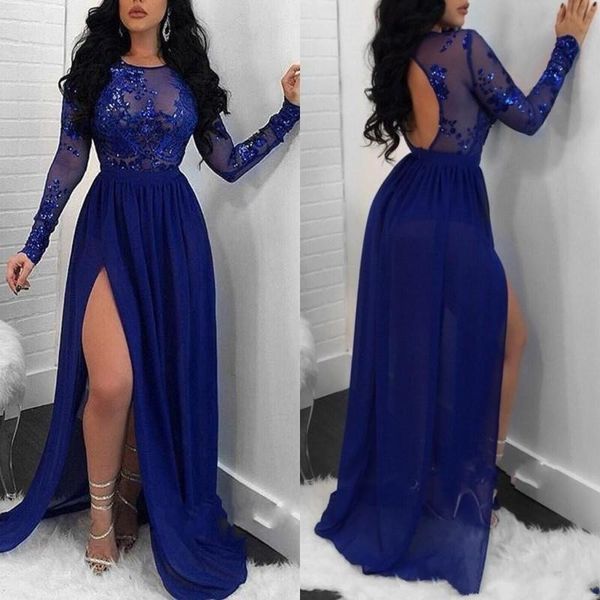 Royal Blue Prom Kleider bloße Langarmseeves Pailletten Appliken Seite Split Chiffon Abendkleider öffnen zurück eine Linie Partykleid