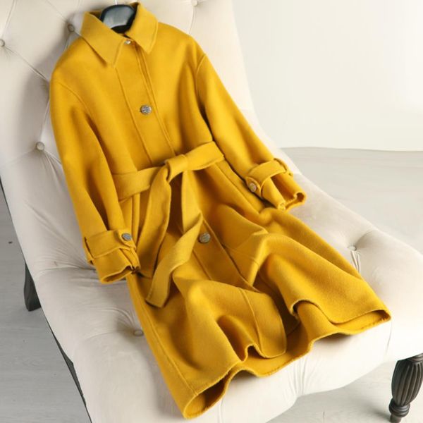 

2019 winter new double-sided cashmere overcoat women's middle and long slim single breasted belted wool fabric overcoat, Black