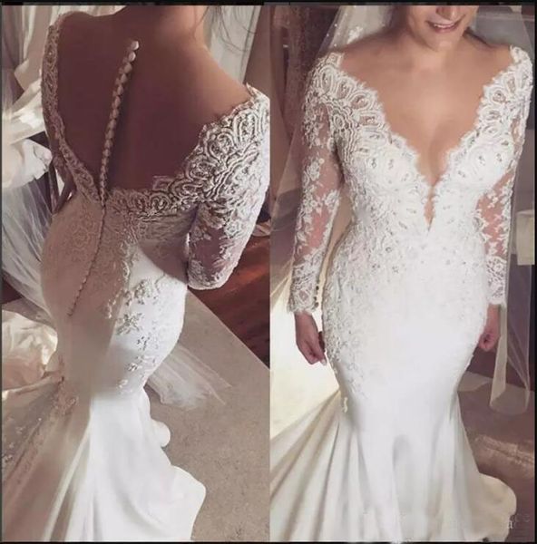 

Mermaid V-neck Wedding Dresses 2018 Long Sleeve vestido de noiva princesa Arabic Dubai Bridal Gowns