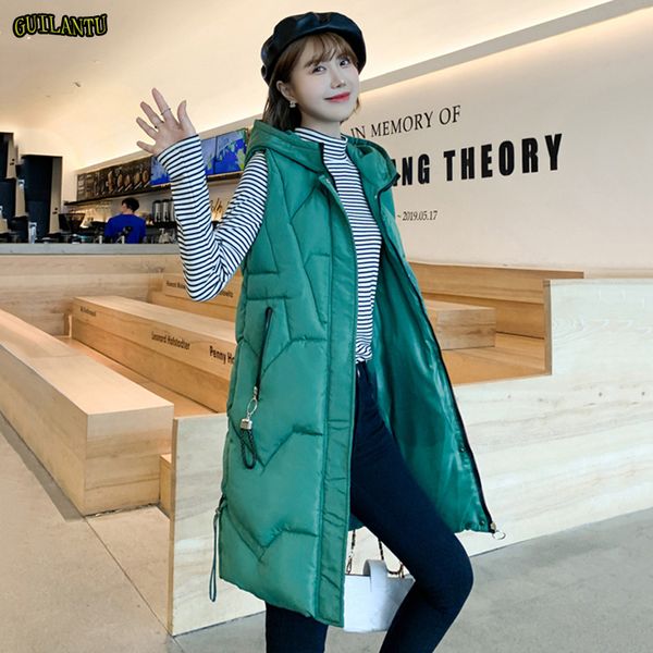 

autumn winter windproof warm long waistcoat women hooded thicken quilted cotton padded coat female slim hoodie jackets vest, Black;white
