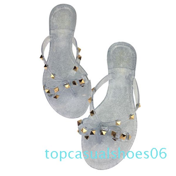 

2019 fashion women sandals flat jelly shoes bow v flip flops stud beach shoes summer rivets slippers sandals nude t06, Black