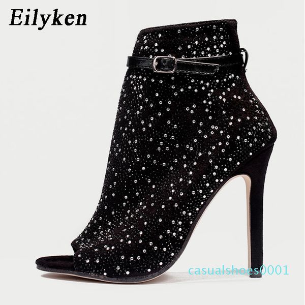 

eilyken 2020 new women crystal sandals ankle straps buckle transparent cover heel pumps ladies sandals party shoes size 35-43 c01, Black