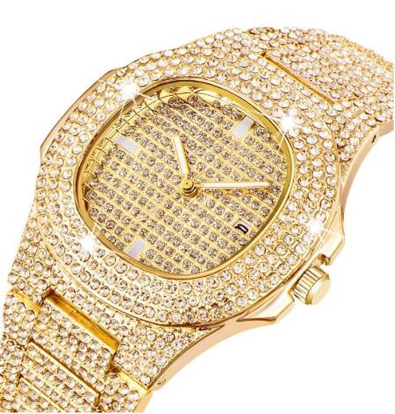 

gold watch men diamond mens watches iced out male quartz watch calender unique gift for men, Slivery;brown