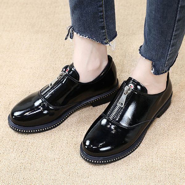 

2019 vintage oxford shoes spring retro platform flat shoes leather round toe casual black zipper single footwear
