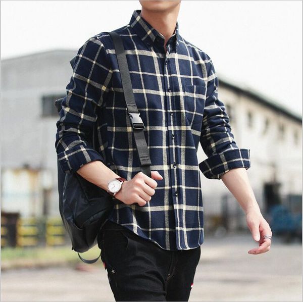 

2018 осень зима с длинным рукавом мужская рубашка мода джокер решетка мужчины корейская версия тонкий рубашка молодежь повседневная дюймов p, White;black