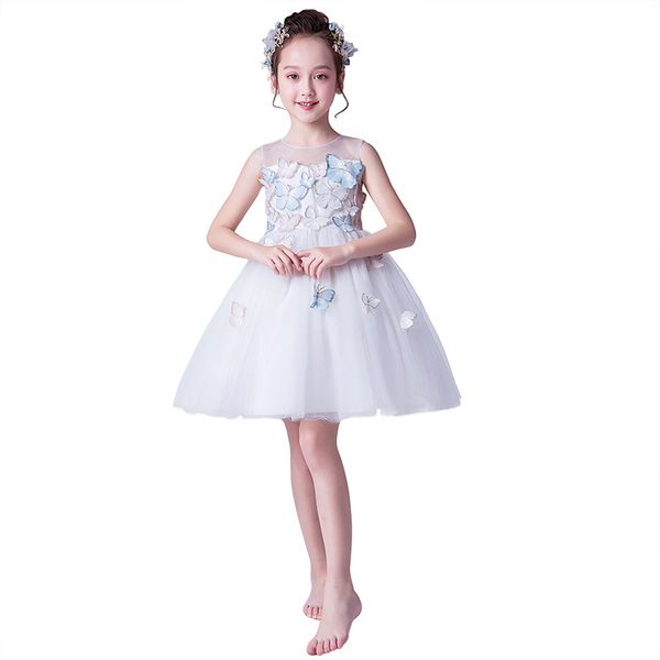 

big girls princess dress hollow sleeveless wedding dress butterfly appliqued zipper solid mesh lace elegant girls performance tutu dress, Red;yellow