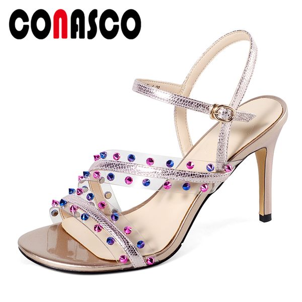

conasco fashion elegant women sandals high heels genuine leather rivets narrow band pumps wedding party casual shoes woman new, Black