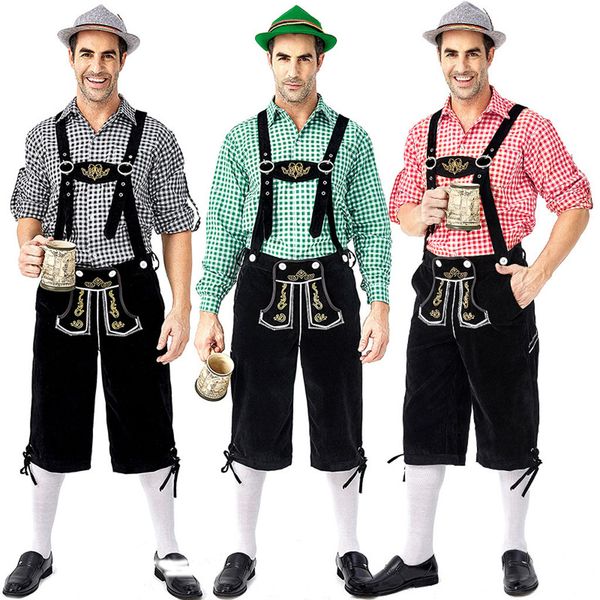 

german traditional beer festival clothing plaid shirt embroider suspender suit tracksuit men cosplay octoberfest party clothes, Gray