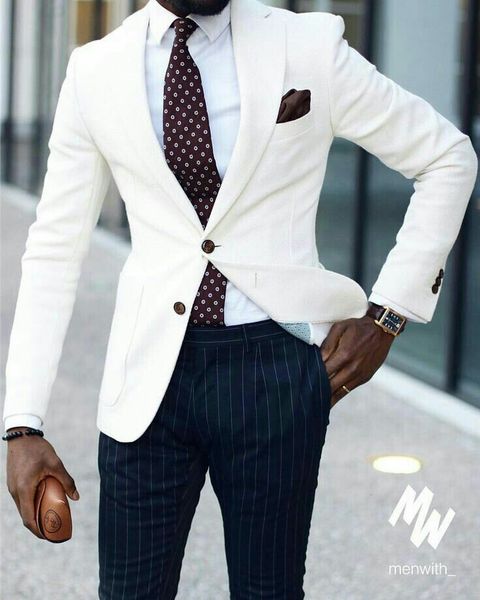 

Ivory Men Suits Groom Wedding Tuxedos Stripe Pants Formal Business Suits Groomsmen Suits Man Blazer Bride 2Piece Costume Bridegroom Jacket