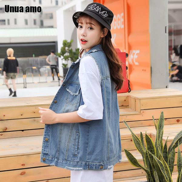 

unua amo harajuku sleeveless jacket woman jeans waistcoat spring summer 2020 korean casual loose denim vest women, Black;white