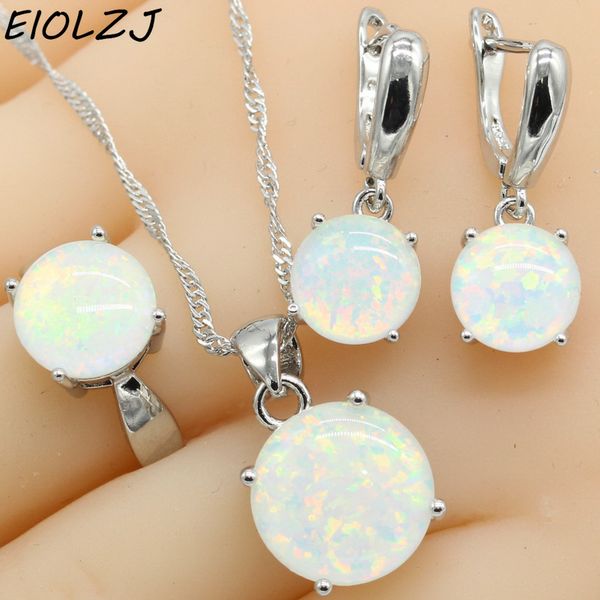

925 sterling silver jewelry sets for women round white fire opal necklace pendant dangle earrings choker ring gift box ship