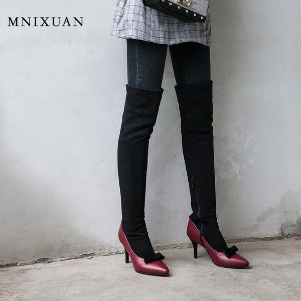 

mnixuan fashion boot 2019 autumn winter women shoes over the knee thigh high boots pointed toe high heels long boots big size 47, Black