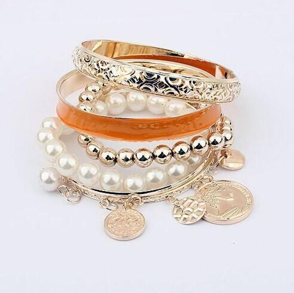 

fashion hollow multilayer joker charm bracelets metal coin pearl beads bracelets women fashion bracelets jewelry casual accessories, Golden;silver