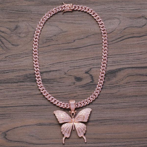

brass cz butterfly pendant with 8mm brass cuban chain iced out bling bling hip hop micro pave necklace jewelry for women cn111, Silver