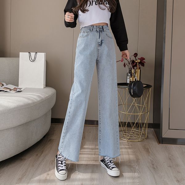 

elastic high waist wide leg loose straight jeans for women s  l xl, Blue