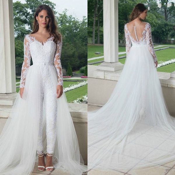 Jumpsuit branco 2020 Vestidos de noiva com trem deatachable mangas compridas Lace Appliqued Outfit Nupcial Vestidos de casamento do país Vestidos de Novia