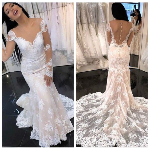 

elegant scoop long sleeve wedding dresses mermaid with court train appliques formal wedding dresses see through back lace wedding gown, White