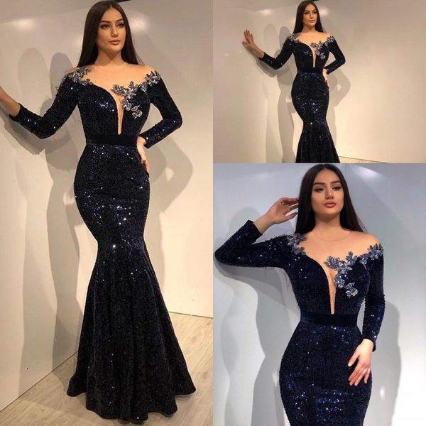 

elegant long sleeve black sequin mermaid evening dresses 2020 sparkling applique arabic formal dress party gown robe de soiree prom gowns, Black;red