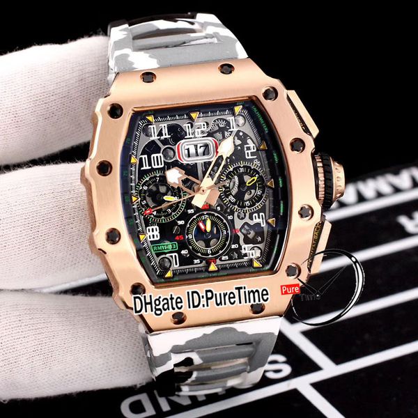 

new v3 rm11-03 miyota automatic mens watch rose gold black skeleton dial big date white gray camouflage rubber strap watches puretime 140b2, Slivery;brown