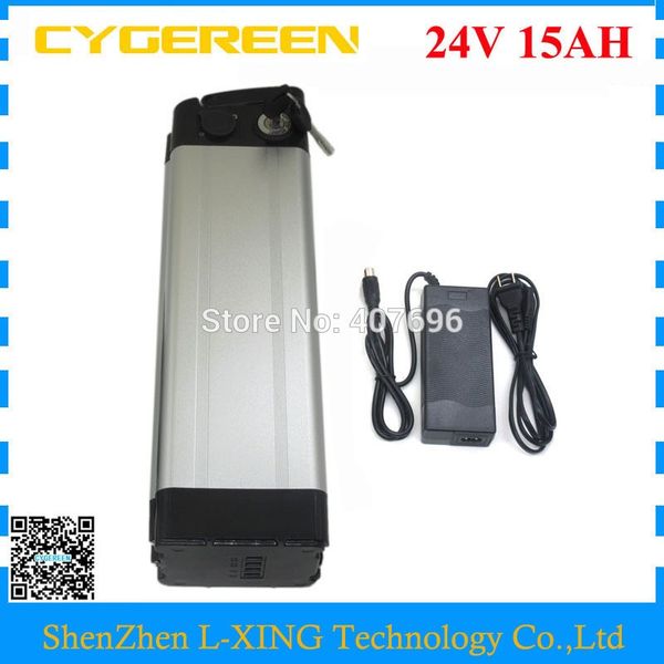 

customs fee 350w 24v 15ah ebike battery pack 24v silver fish bike lithium battery 15a bms bottom discharge with 2a charger