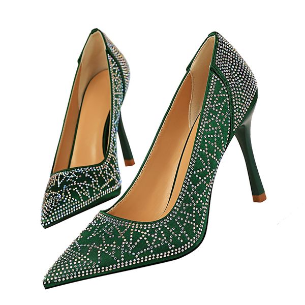 

2019 women 9.5cm high heels crystal glitter pumps lady wedding green burgundy heels female scarpins satin valentine shoes, Black
