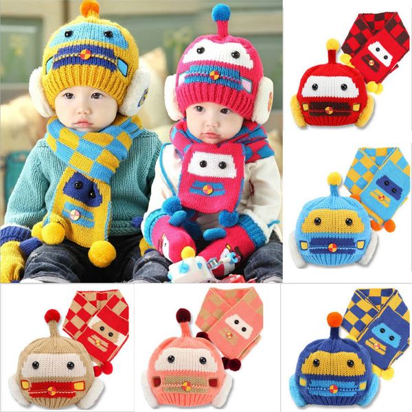 

baby toddler kids boy girl hats cartoon robot winter warm knitted crochet beanie hat cap scarf sets, Yellow