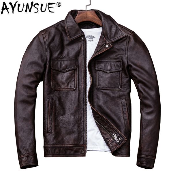 

ayunsue genuine cow leather jacket men plus size cowhide leather coat short bomber jacket veste cuir homme vintage kj1913, Black
