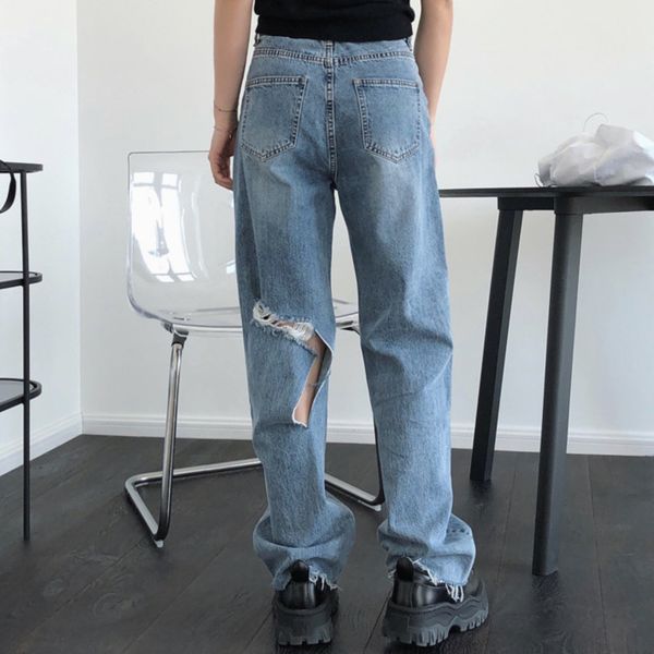 

women's jeans 2021 spring fashion clothing high waist full length washed broken hole female denim pants w082, Blue