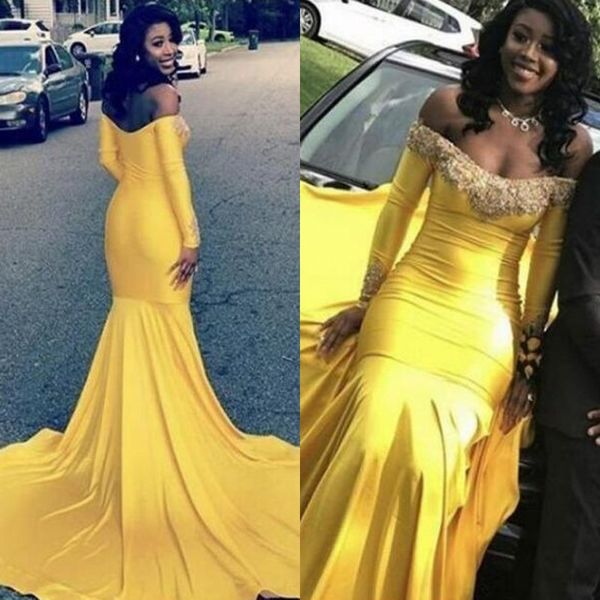 

yellow african mermaid prom dresses appliques lace beads off the shoulder long sleeves evening gowns satin maid of the honor dress, Black