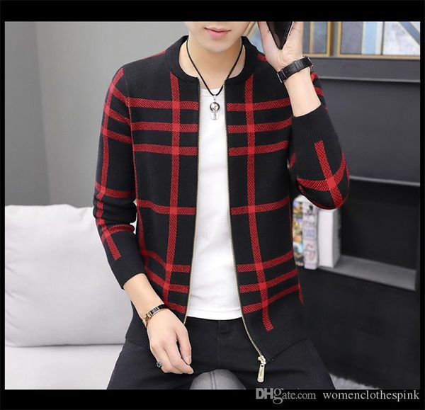 

designer mens cardigan sweater fashion plaid slim zipper coat autumn mens thin jacket, White;black