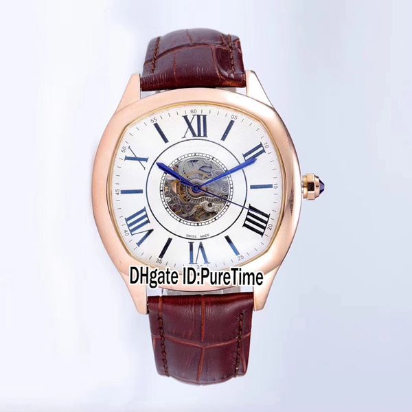 

new drive wgnm0008 rose gold 43mm silver texture skeleton dial big roma mark automatic mens watch brown leather watches car-b30b2, Slivery;brown