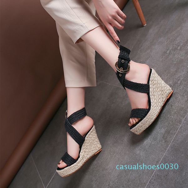 

женщины клин сандалии женщины платформы новый рим высокий каблук сандалии моды лодыжки ремень открытым носком женская обувь zapatos de mujer, Black