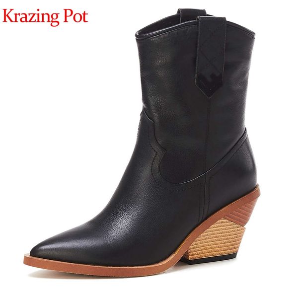 

krazing pot cow leather pointed toe strange high heel hollywood slip on sewing european design punk rock style boots l60, Black