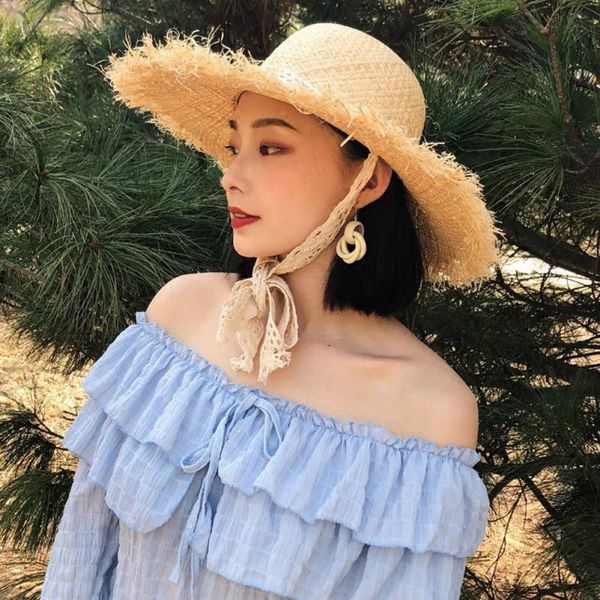 

women summer wide brim straw sun hat lace ribbon sunhat beach caps, Blue;gray