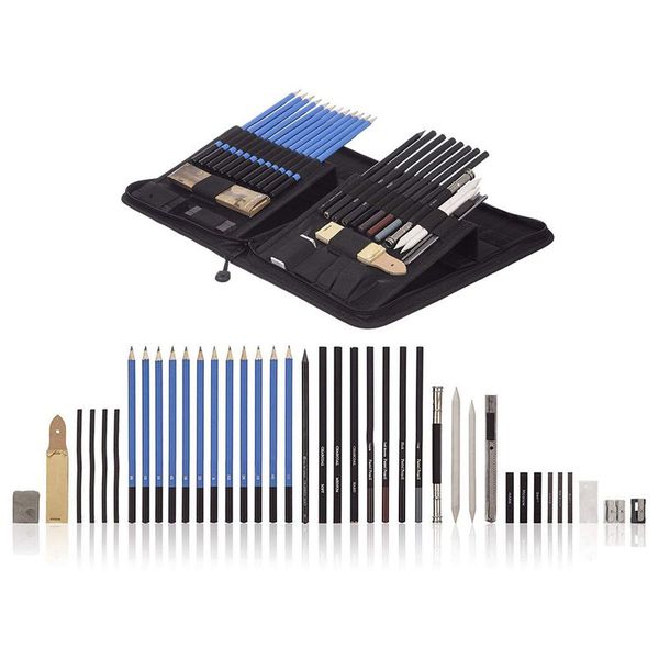 

40 piece drawing pencils and sketch set in p o p up zipper case - includes graphite, pastel and charcoal pencils accessories