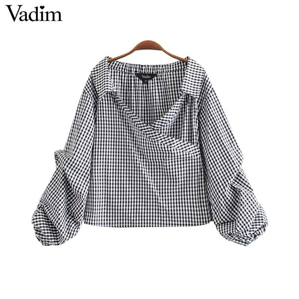 

vadim women chic plaid irregular blouse v neck long sleeve shirts female sweet casual blusas lb179, White