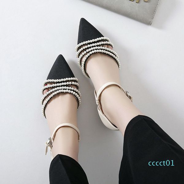 

chinelo дизайнер сандалии женщин luxury 2019 ballengary pearls лодыжки ремень shallow sandalias mujer острым носом туфли-01d ct01, Black