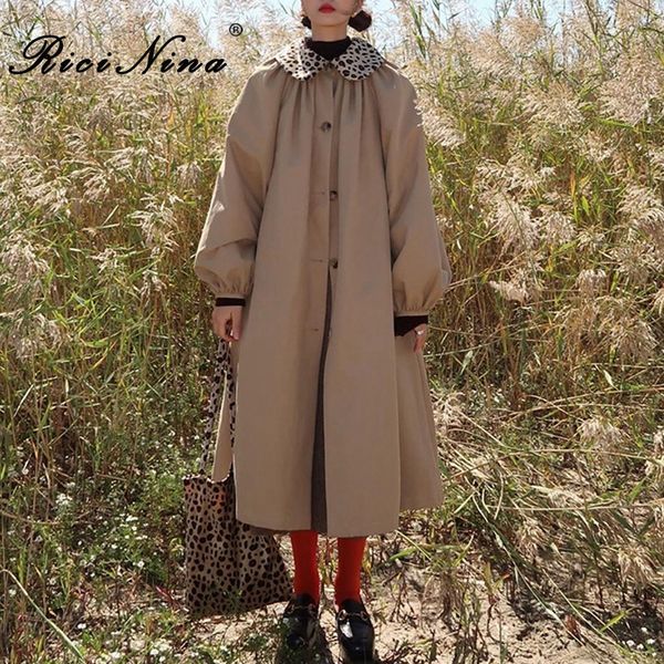 

ricinina long trench coat for women spring autumn buttons leopard print turn-down collar vintage a-line coats women windbreaker, Tan;black