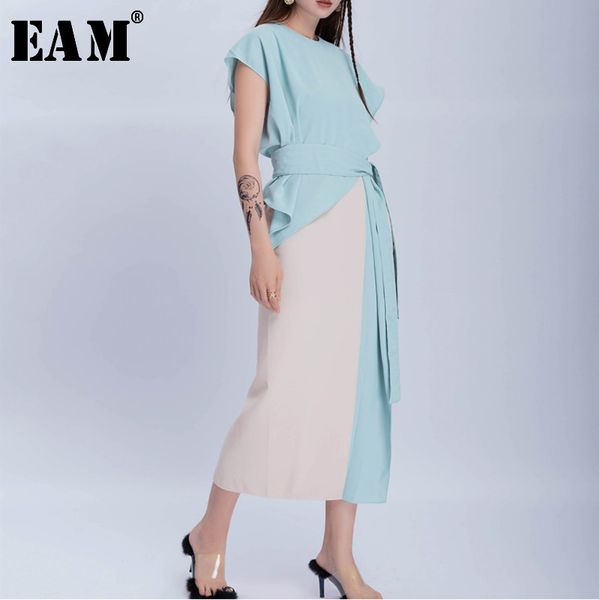 

eam] 2020 new spring summer round neck short sleeve hit color blue ruffles bandage temperament dress women fashion tide js219, Black;gray