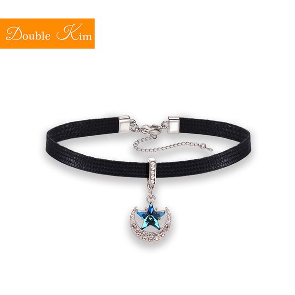 

blue star zircon moon choker titanium stainless steel leather strap zircon european usa fashion trendy women jewelry gift, Silver
