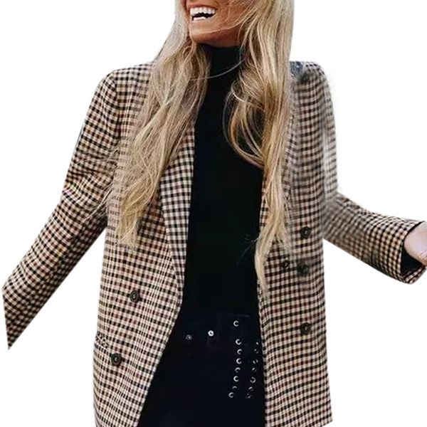 

2019 fashion plaid women blazer coat retro button lattice suit jacket with epaulets jacket women blazer casual coats, Black;brown